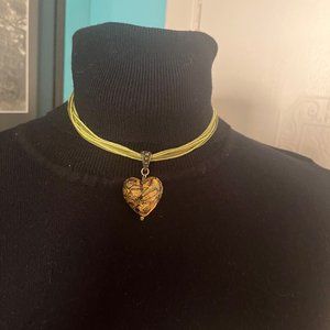 Murano Glass Gold Heart with Green Suede Necklace